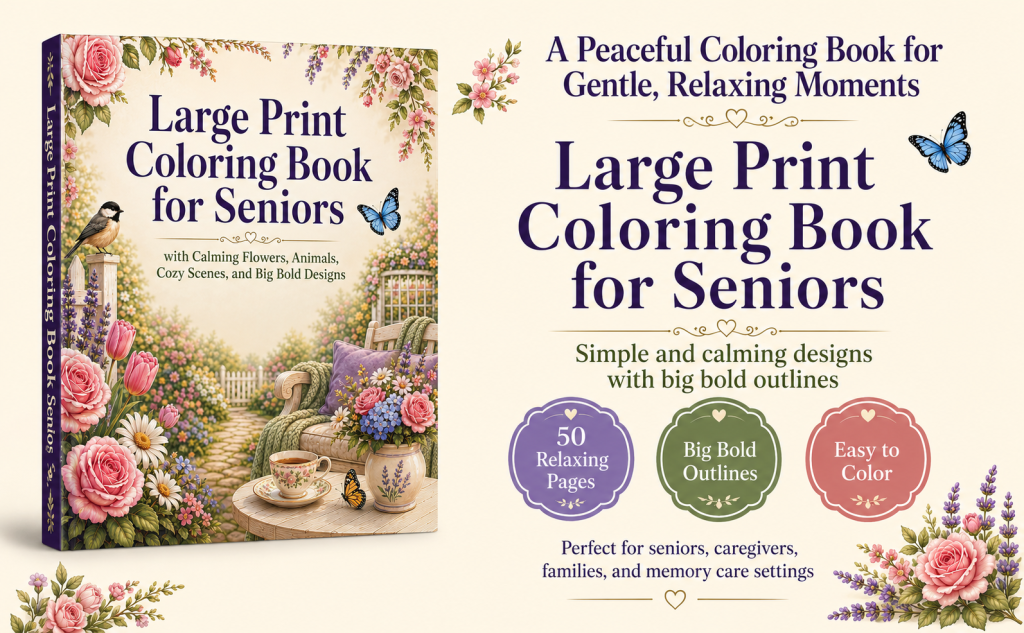 Large Print Coloring Book for Seniors with flowers, cozy garden scene, and bold coloring designs