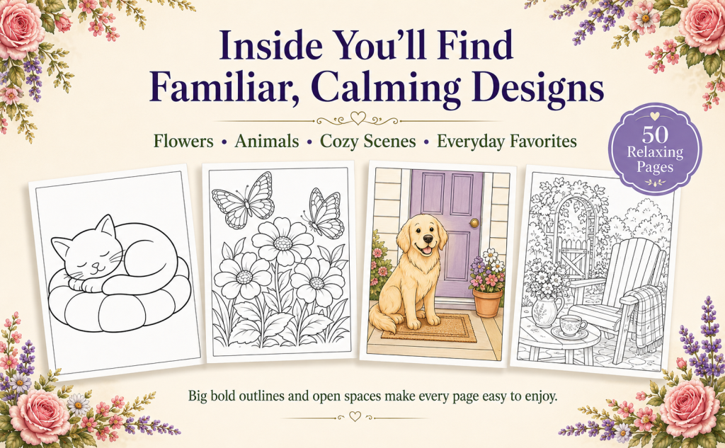 Preview of cat, butterfly, dog, flower, and garden coloring pages for seniors
