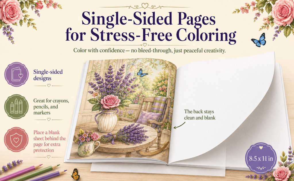 Open large print coloring book showing single-sided pages for seniors
