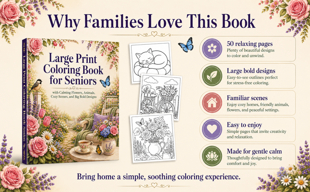 Large print coloring book for seniors with roses, floral pages, bicycle, cat, and garden scenes