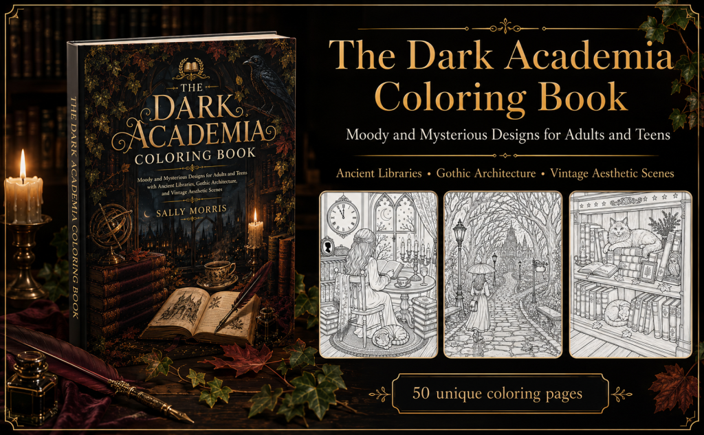 The Dark Academia Coloring Book product image with paperback cover, candlelit library background, and coloring page previews.