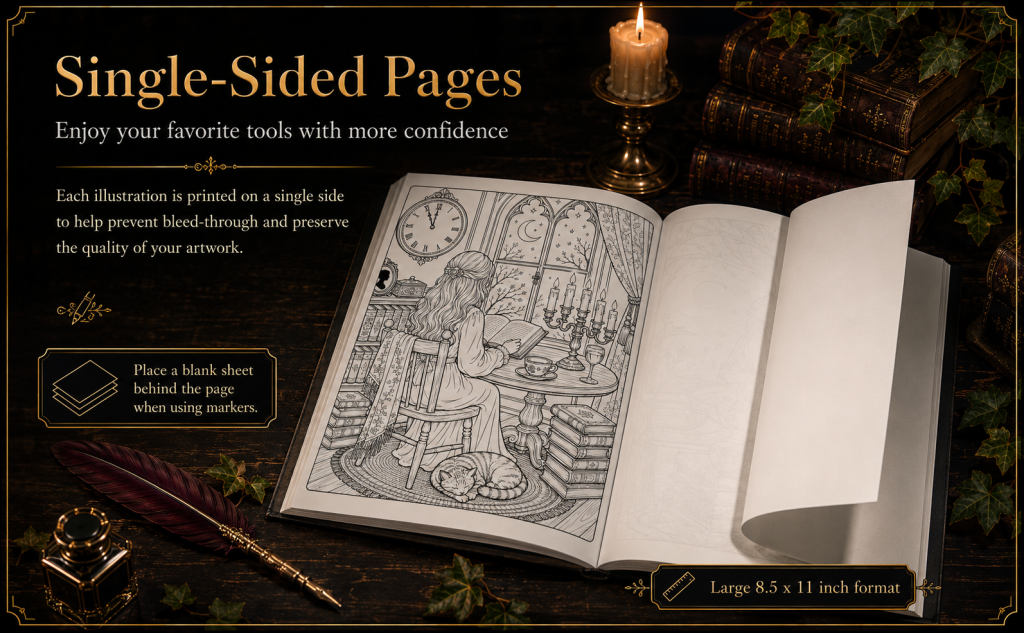Single-sided pages product image showing The Dark Academia Coloring Book opened with a coloring page and blank backing page.