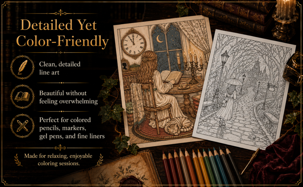 Dark Academia Detailed yet color friendly coloring book