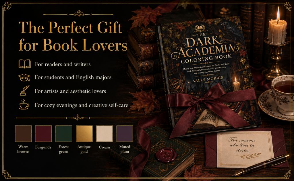 The Dark Academia Coloring Book gift image with paperback cover, ribbon, tea, candle, autumn leaves, and color palette swatches.