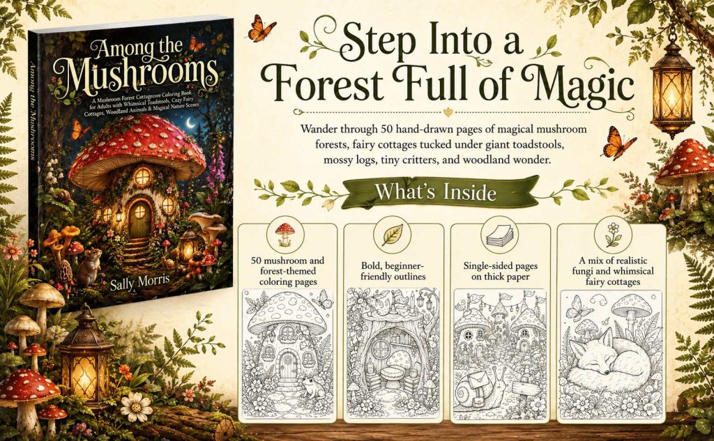 Among the Mushrooms coloring book with mushroom cottage pages, forest animals, and magical woodland designs
