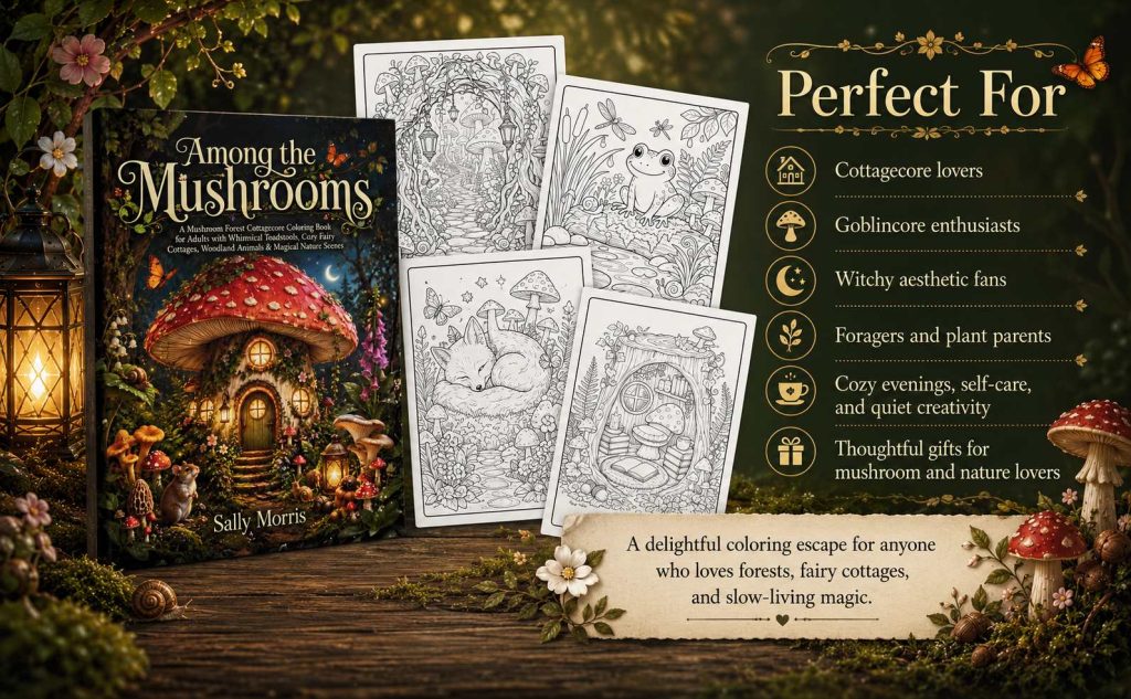 Among the Mushrooms coloring book with woodland animal and mushroom cottage coloring page previews