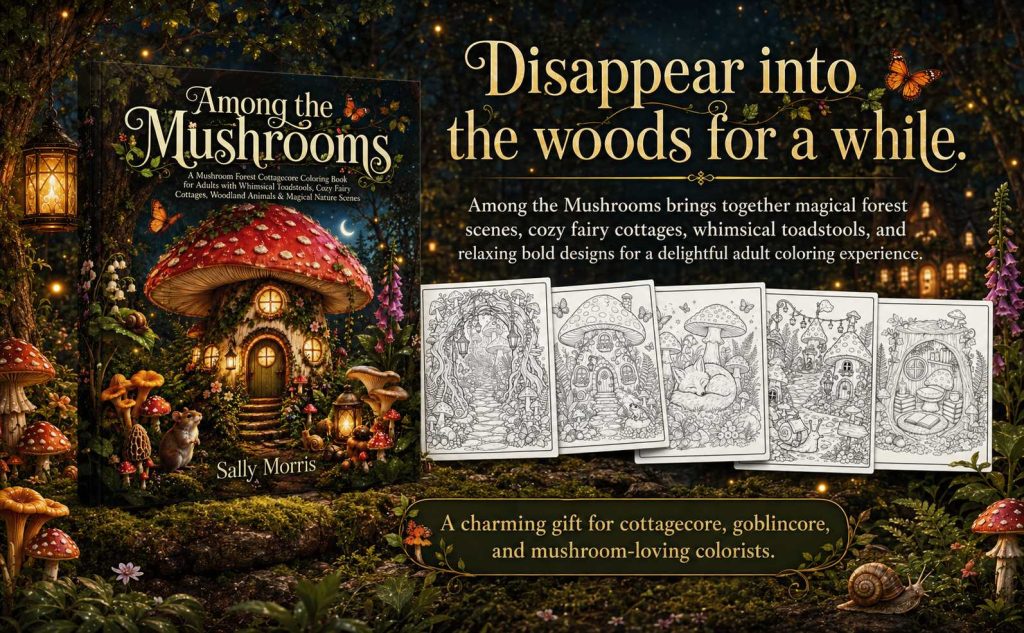 Mushroom coloring pages with cottage and forest path beside colored pencils, flowers, leaves, and candle