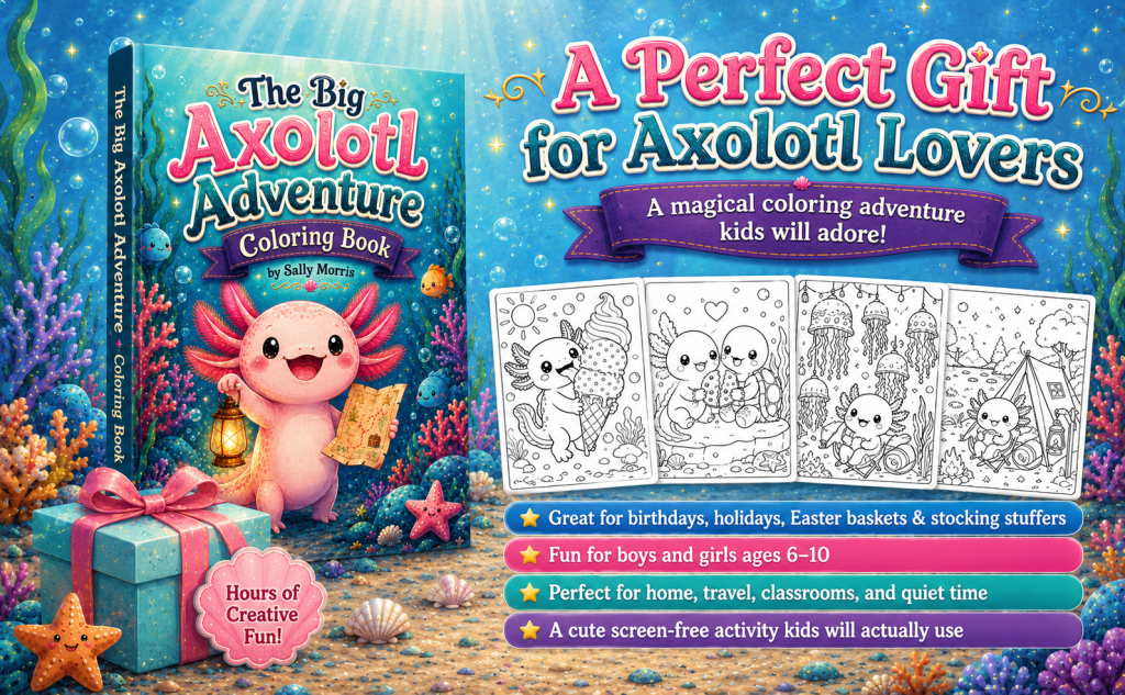 The Big Axolotl Adventure Coloring Book displayed as a gift with page previews, ribbon, and present.