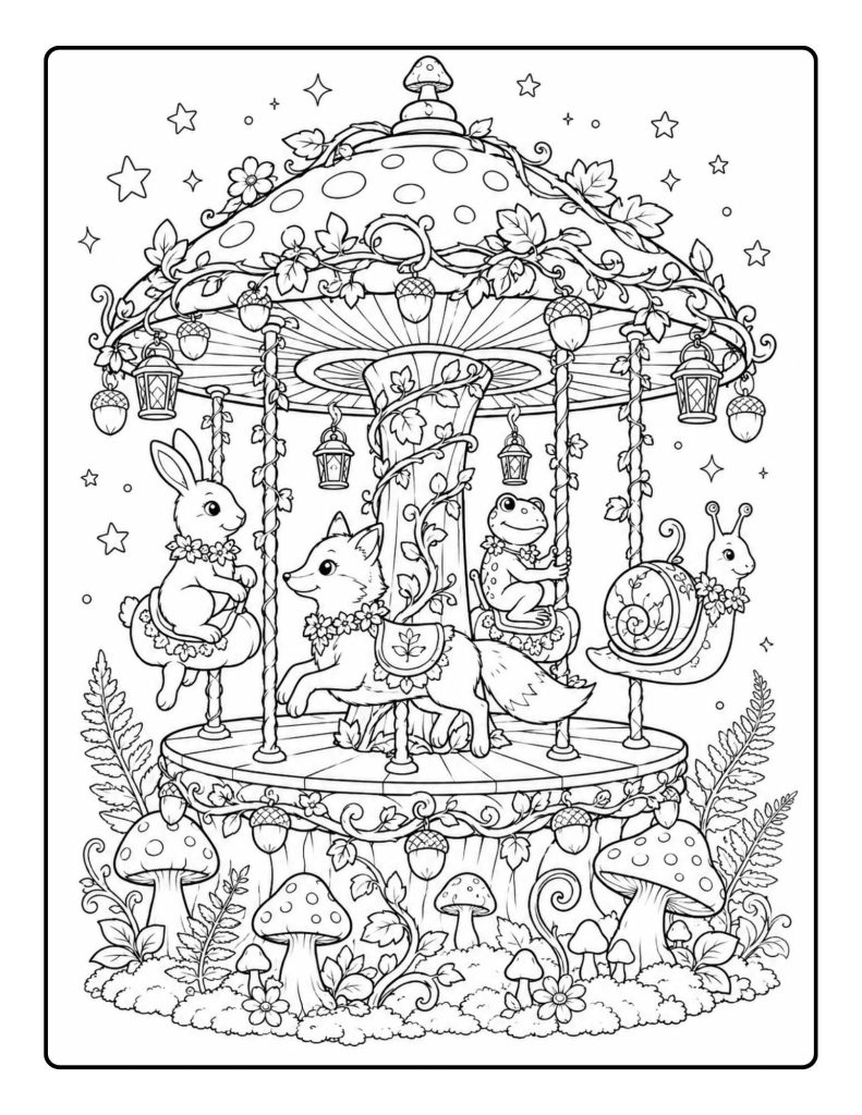 Mushroom carousel coloring page with a rabbit, fox, frog, snail, lanterns, vines, flowers, and stars