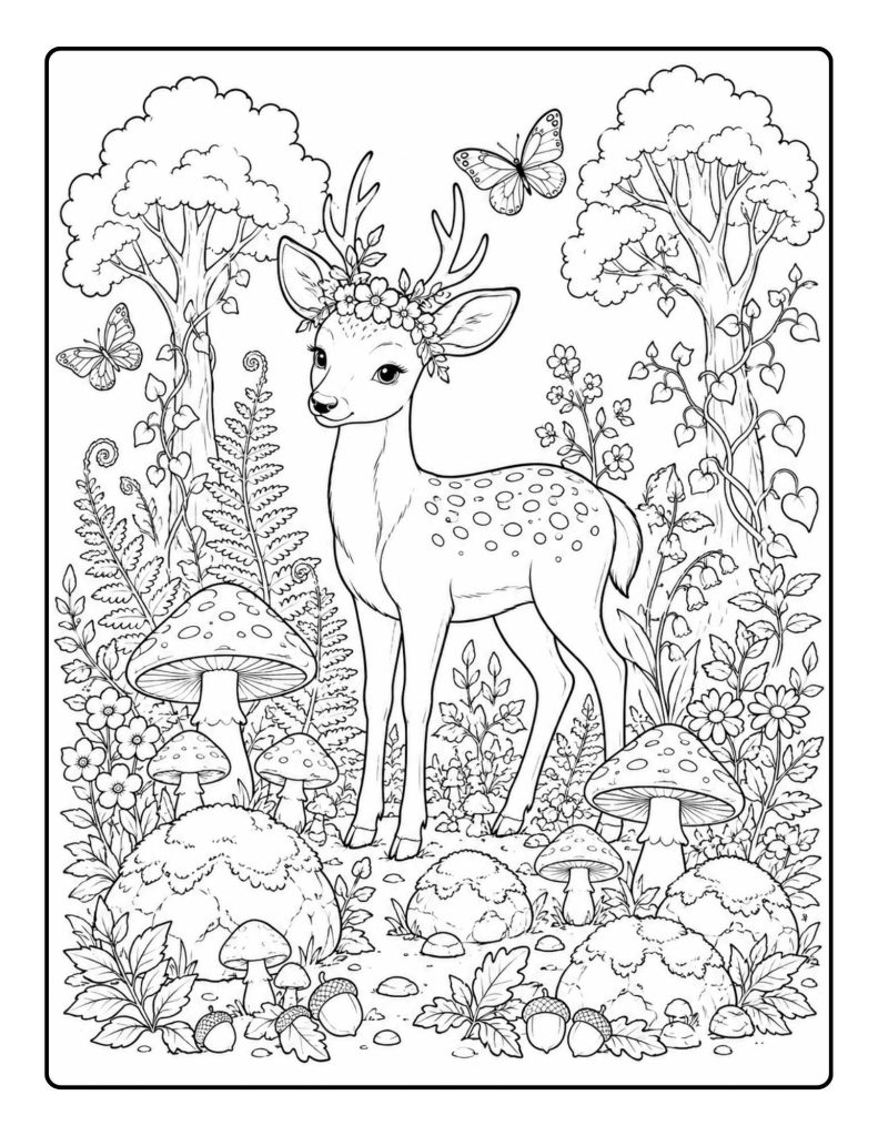 Young deer coloring page with flower crown, mushrooms, butterflies, trees, vines, ferns, and acorns