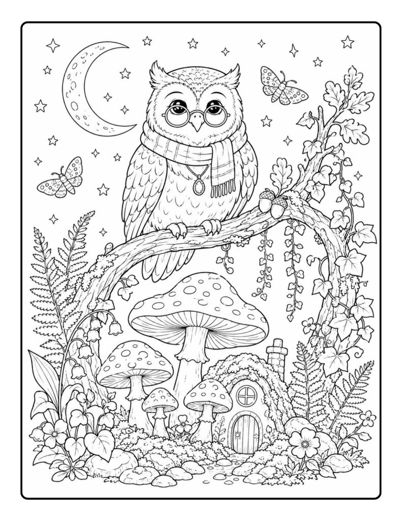 Cozy owl coloring page with round glasses, scarf, crescent moon, mushrooms, ivy, ferns, moths, and cottage