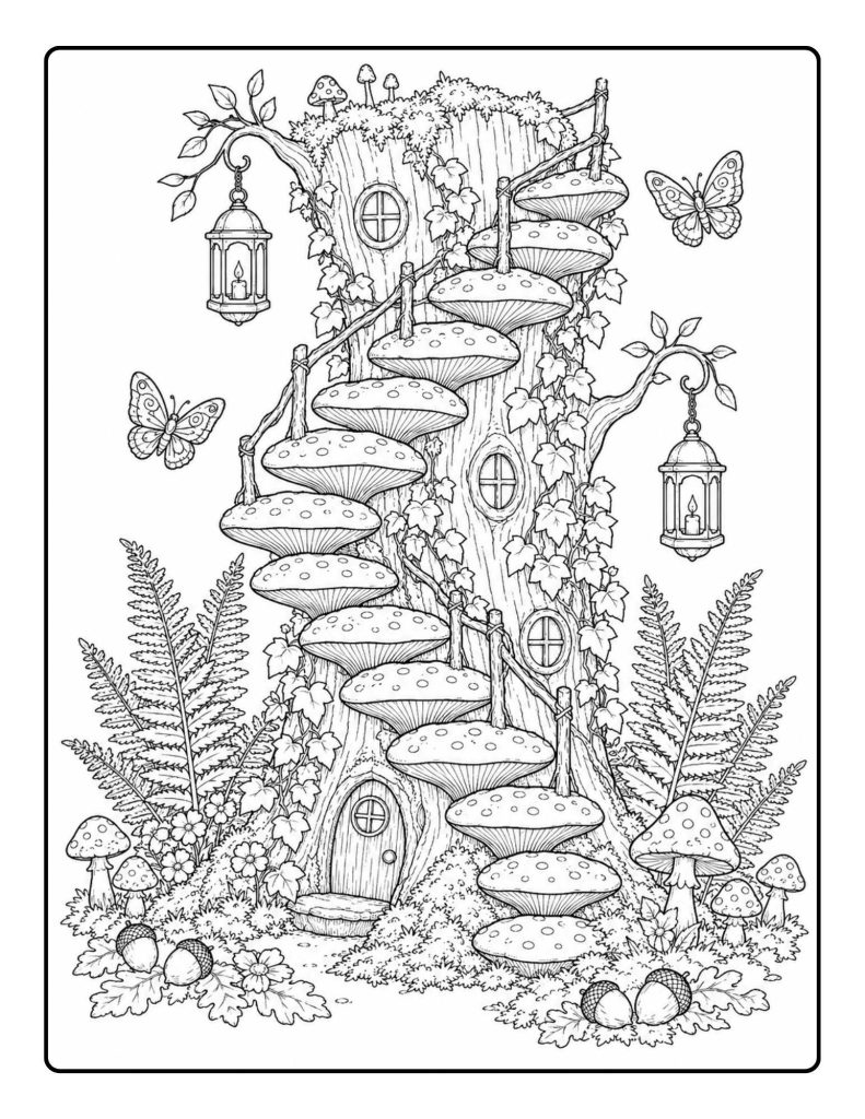 Mushroom staircase coloring page winding around a tall tree with fairy doors, lanterns, ivy, butterflies, and ferns