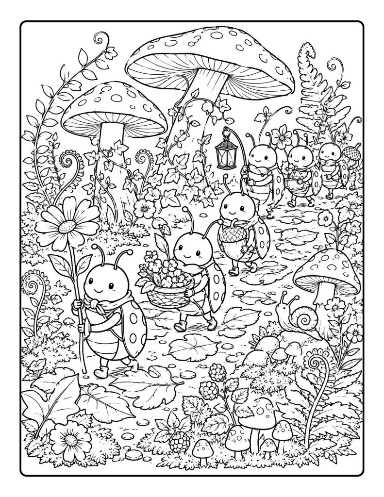 Cute woodland insect parade coloring page with ladybugs carrying flowers, berries, lanterns, and acorns beneath giant mushrooms
