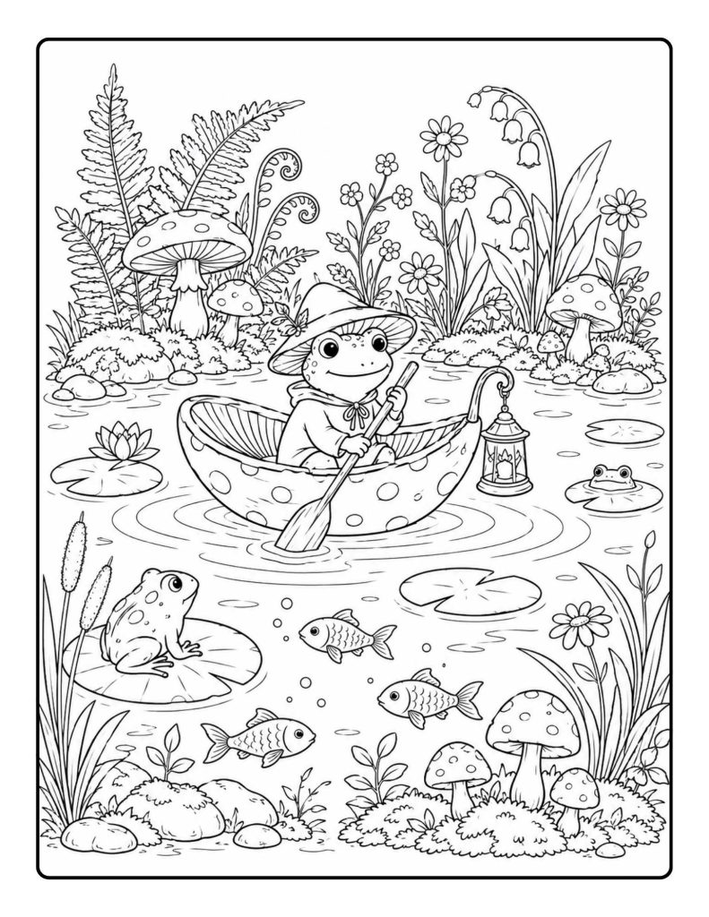 Whimsical frog coloring page with a frog paddling a mushroom boat through a pond with fish, lily pads, lantern, flowers, and reeds