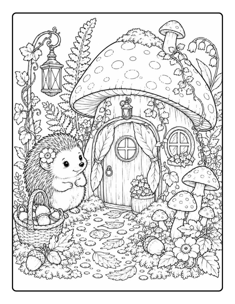 Cute hedgehog coloring page beside a mushroom cottage with acorn basket, lanterns, ivy, flowers, and autumn leaves