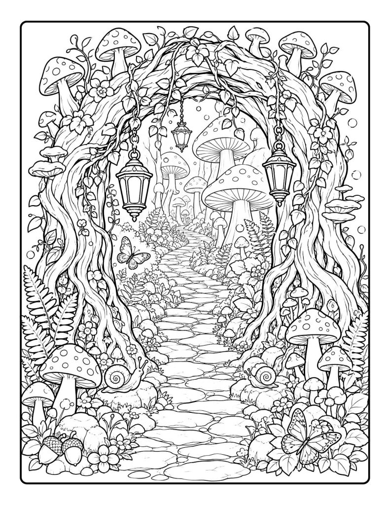 Mushroom forest coloring page with twisted trees, hanging lanterns, toadstools, flowers, butterflies, and a stone path