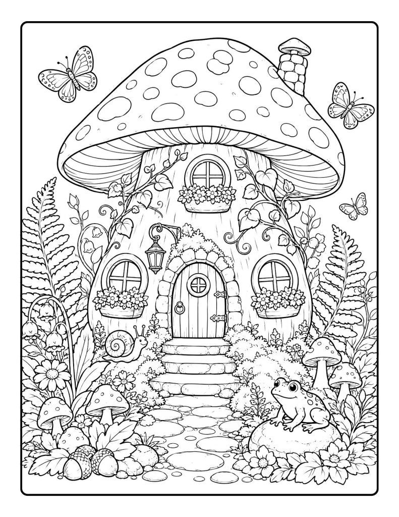 Spotted mushroom house coloring page with frog, butterflies, snail, flowers, ferns, and a round wooden door