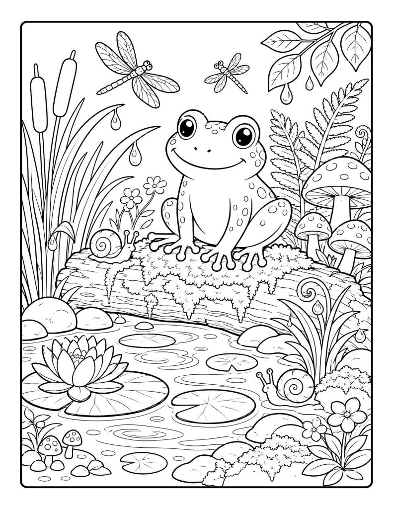 Mushroom cottage coloring page with a frog, snail, butterflies, ferns, flowers, and a round fairy door