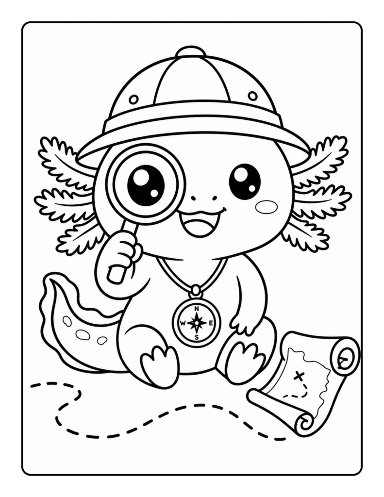 Cute axolotl explorer holding a magnifying glass and treasure map coloring page for kids ages 6–10.