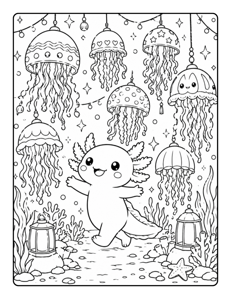 Smiling axolotl walking beneath decorative jellyfish lanterns in a magical underwater scene.