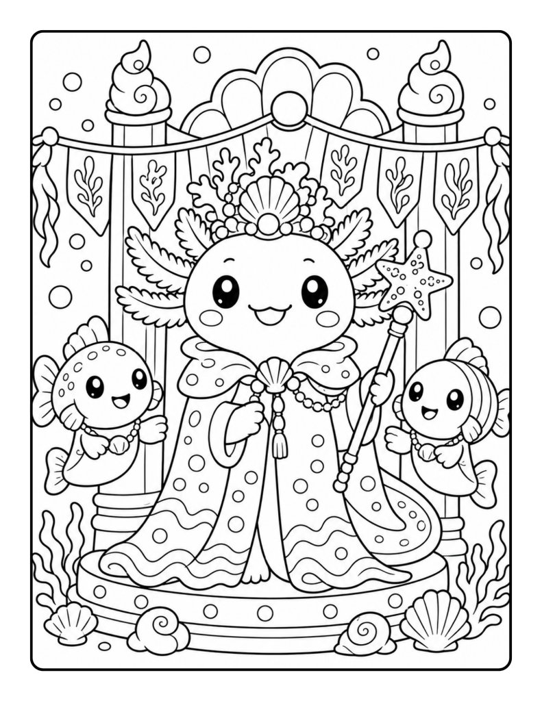 Royal axolotl wearing a shell crown and cape while holding a star wand beside two fish attendants.