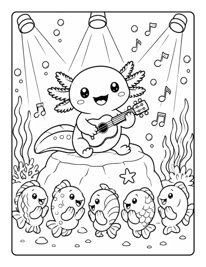 Axolotl playing a small guitar on a rock while five happy fish listen beneath spotlights.
