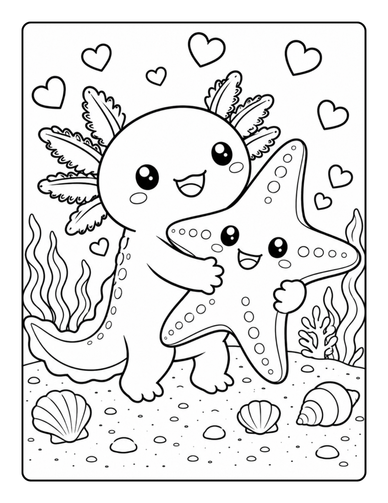 Cute axolotl hugging a smiling starfish surrounded by hearts, shells, and sea plants.