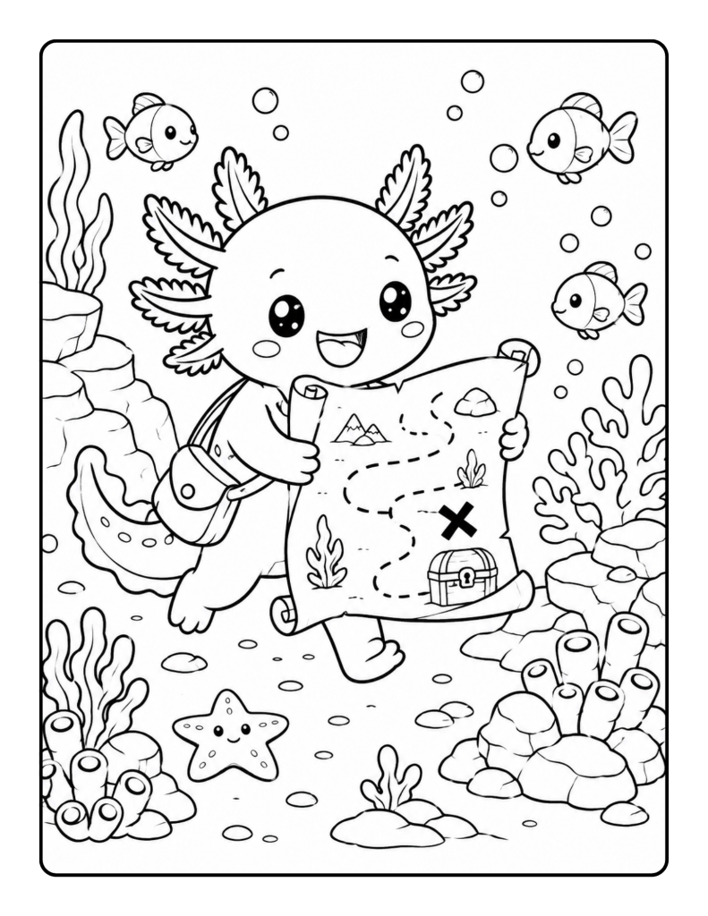 Axolotl adventurer carrying a backpack and holding a large treasure map underwater.