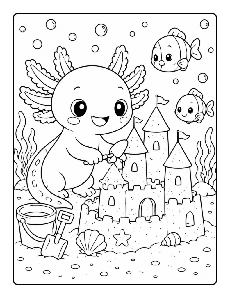 Smiling axolotl building an underwater sandcastle with fish, shells, and bubbles.
