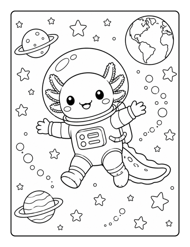 Cute axolotl astronaut floating among stars, planets, and bubbles in space.