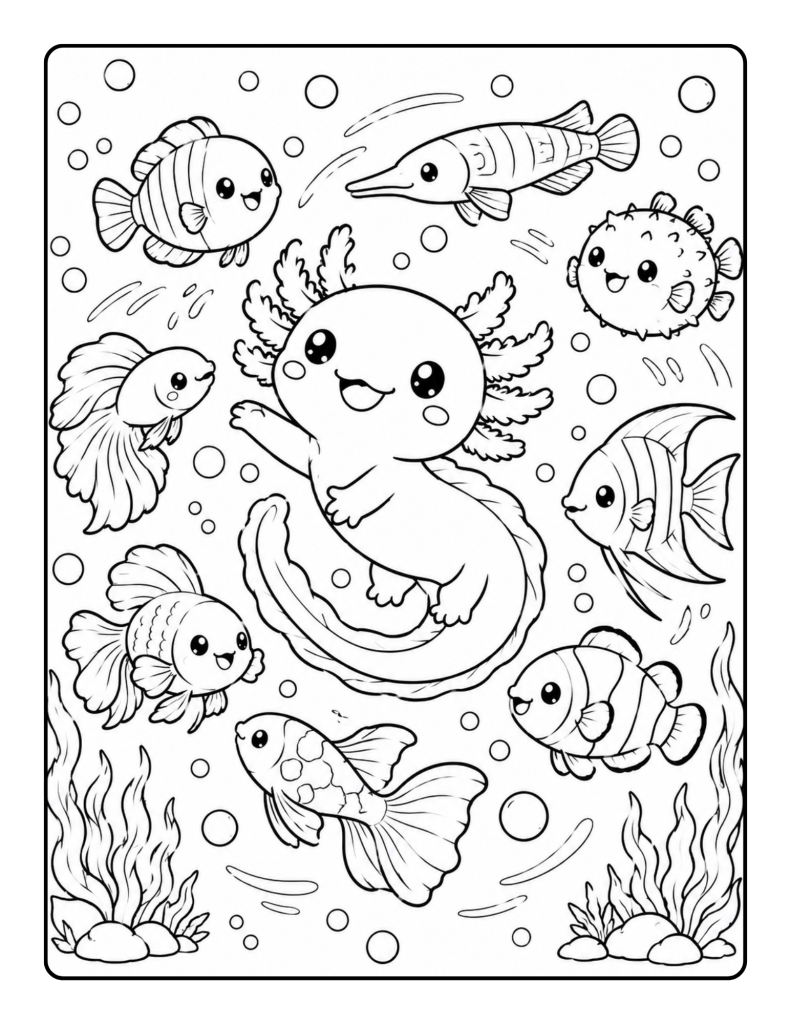 Happy axolotl swimming among cute fish, bubbles, rocks, and sea plants.