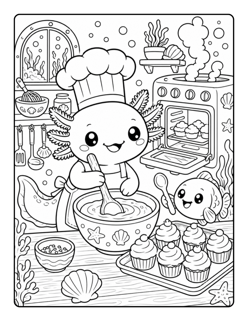 Axolotl chef mixing cupcake batter in a cheerful underwater kitchen coloring page.