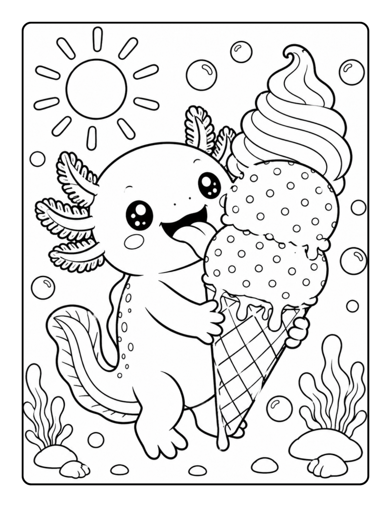 Cute axolotl holding a giant three-scoop ice cream cone underwater.