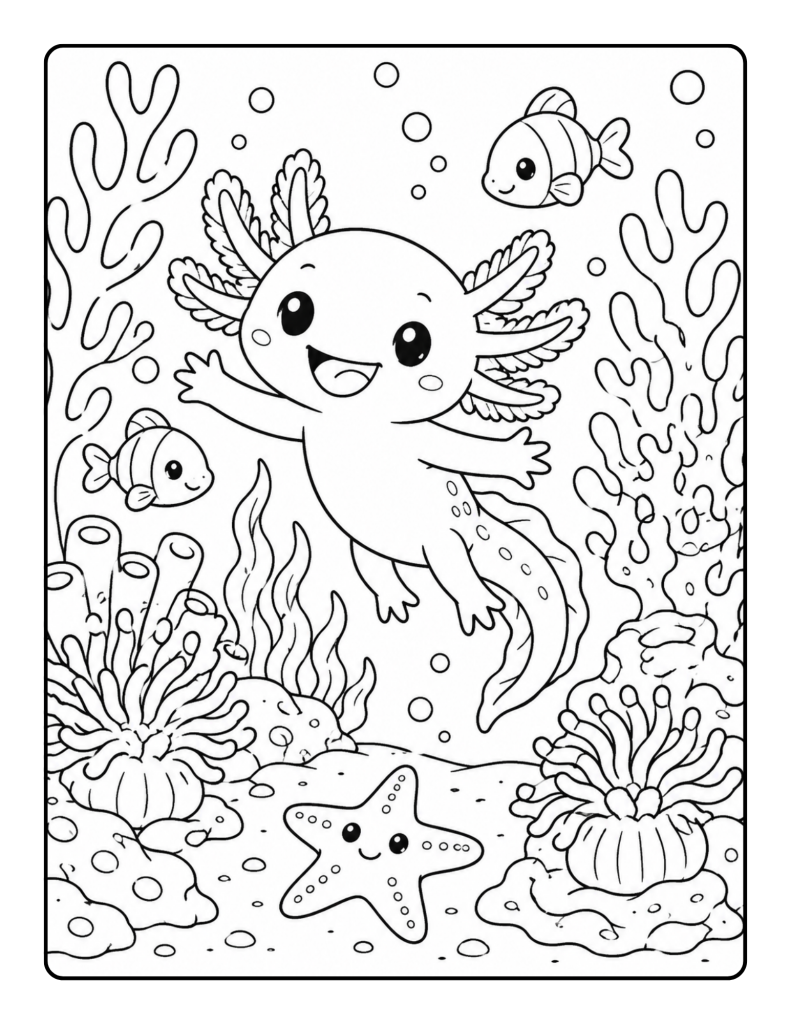 Cheerful axolotl swimming through a coral reef with fish, anemones, bubbles, and a smiling starfish.