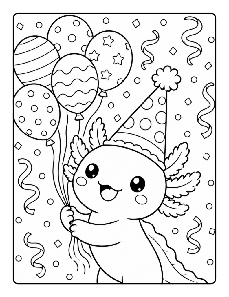 Cheerful axolotl wearing a party hat and holding patterned balloons among confetti and streamers.