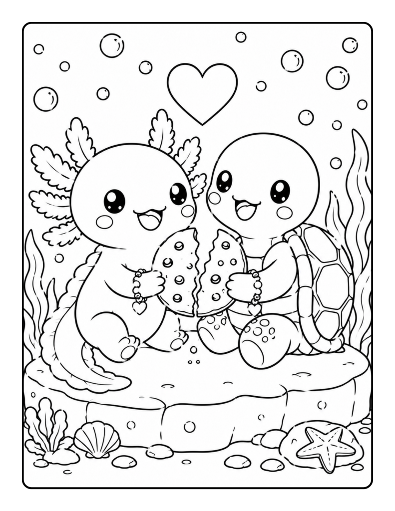 Cute axolotl and turtle friends sharing a snack beneath an underwater heart.
