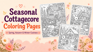 Seasonal Cottagecore Coloring Pages: Spring Gardens, Autumn Cottages, and Winter Coziness