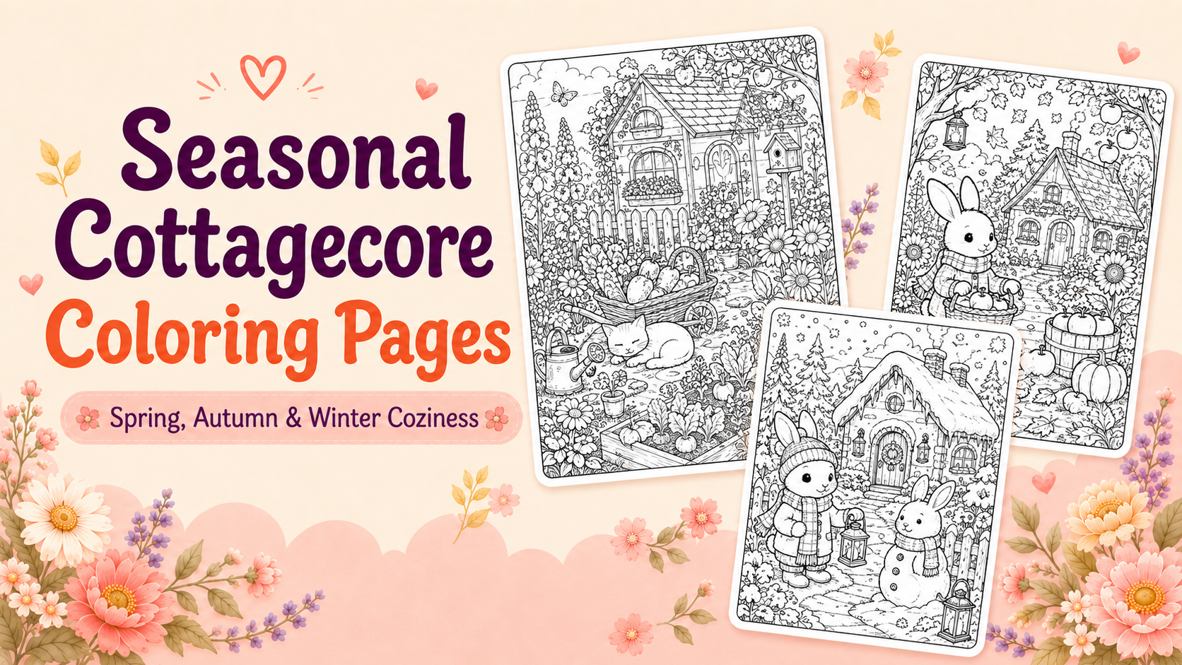 Seasonal Cottagecore Coloring Pages: Spring Gardens, Autumn Cottages, and Winter Coziness