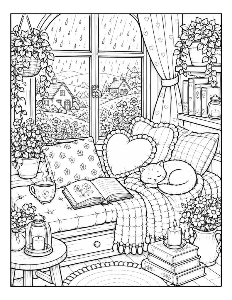 A cozy rainy window nook coloring page with a sleeping cat, books, tea, candles, flowers, and countryside cottages outside.