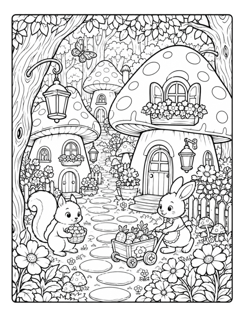 A cozy mushroom village coloring page with woodland animals and a peaceful cottagecore path.