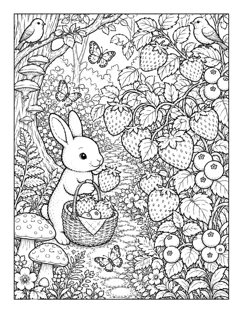 A bunny picking strawberries in a cottage garden path with berries, flowers, birds, butterflies, and mushrooms.
