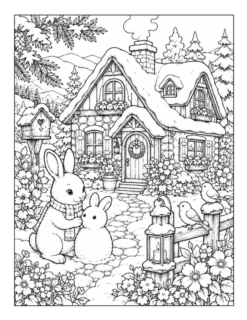A winter cottage coloring page with a bunny, snow bunny, birds, lanterns, flowers, and a cozy snowy home.