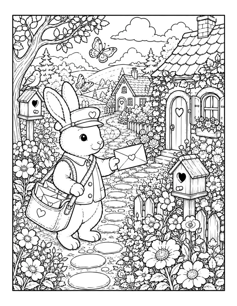 A bunny mail carrier coloring page with an envelope, mail bag, birdhouses, flowers, butterflies, cottage path, and countryside homes.