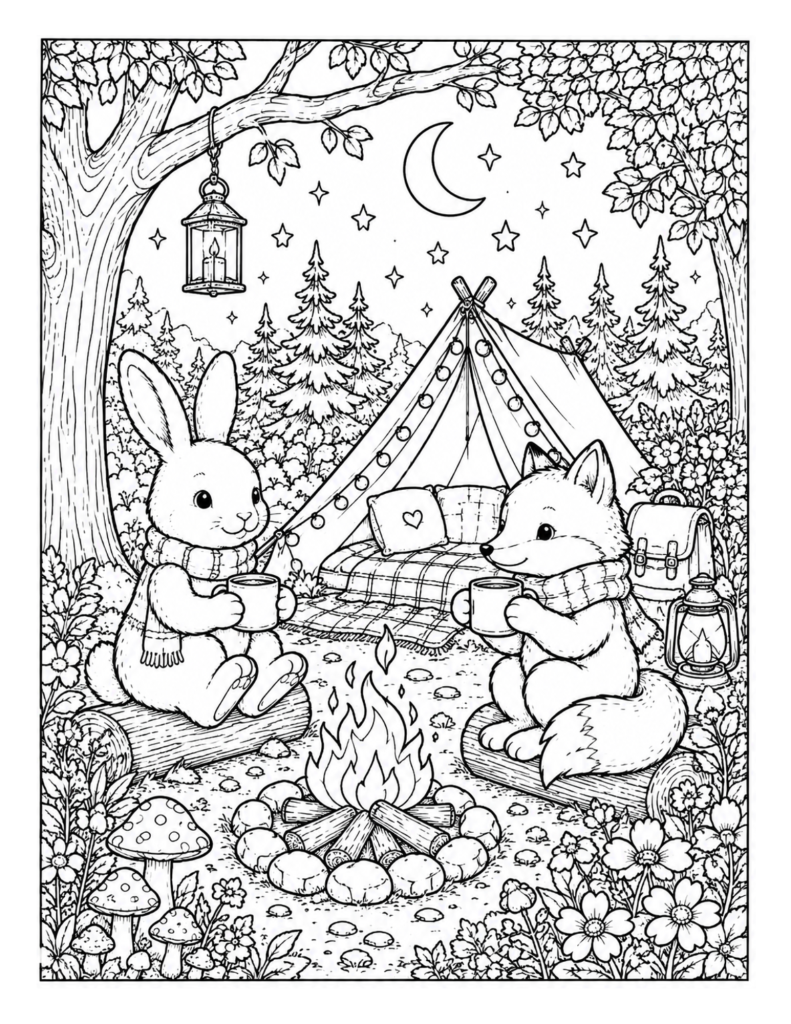 A cozy camping coloring page with a rabbit, fox, tent, campfire, mugs, stars, and forest flowers.