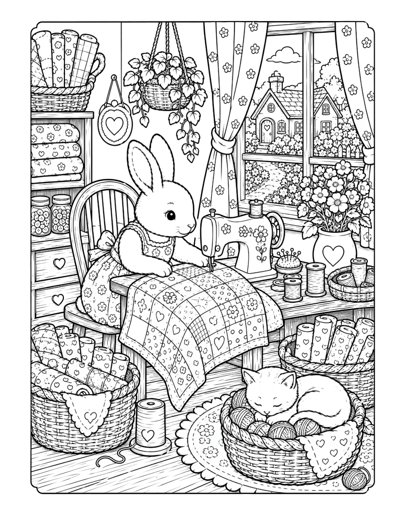 A bunny sewing quilt coloring page with fabric baskets, thread, flowers, a window view, and a sleeping cat.