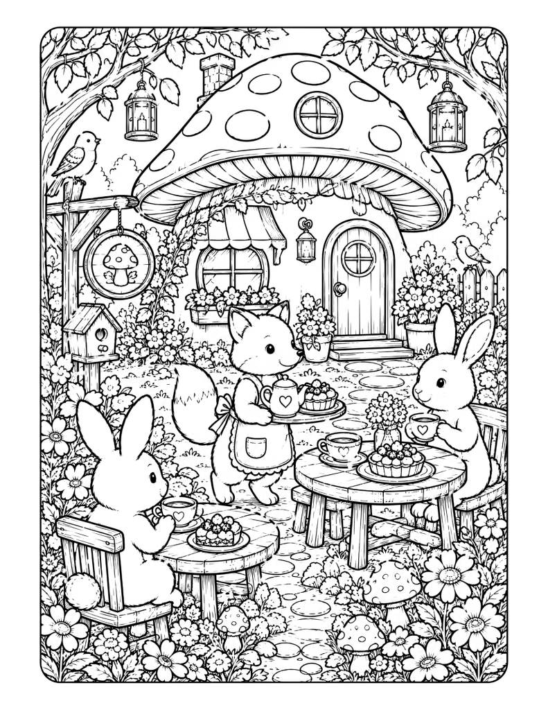 A rabbit and fox tea party coloring page outside a mushroom cottage with flowers, lanterns, teacups, and desserts.