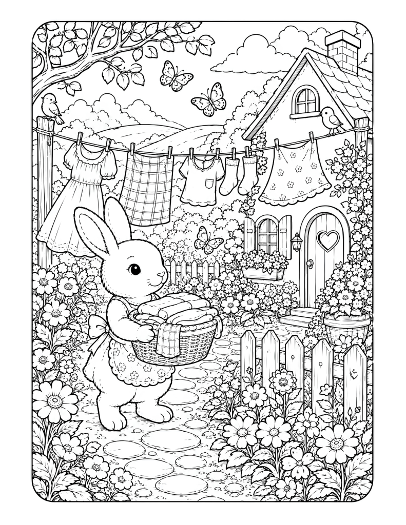 A bunny carrying laundry near a cottage garden with flowers, clothesline, butterflies, and a cozy countryside home.