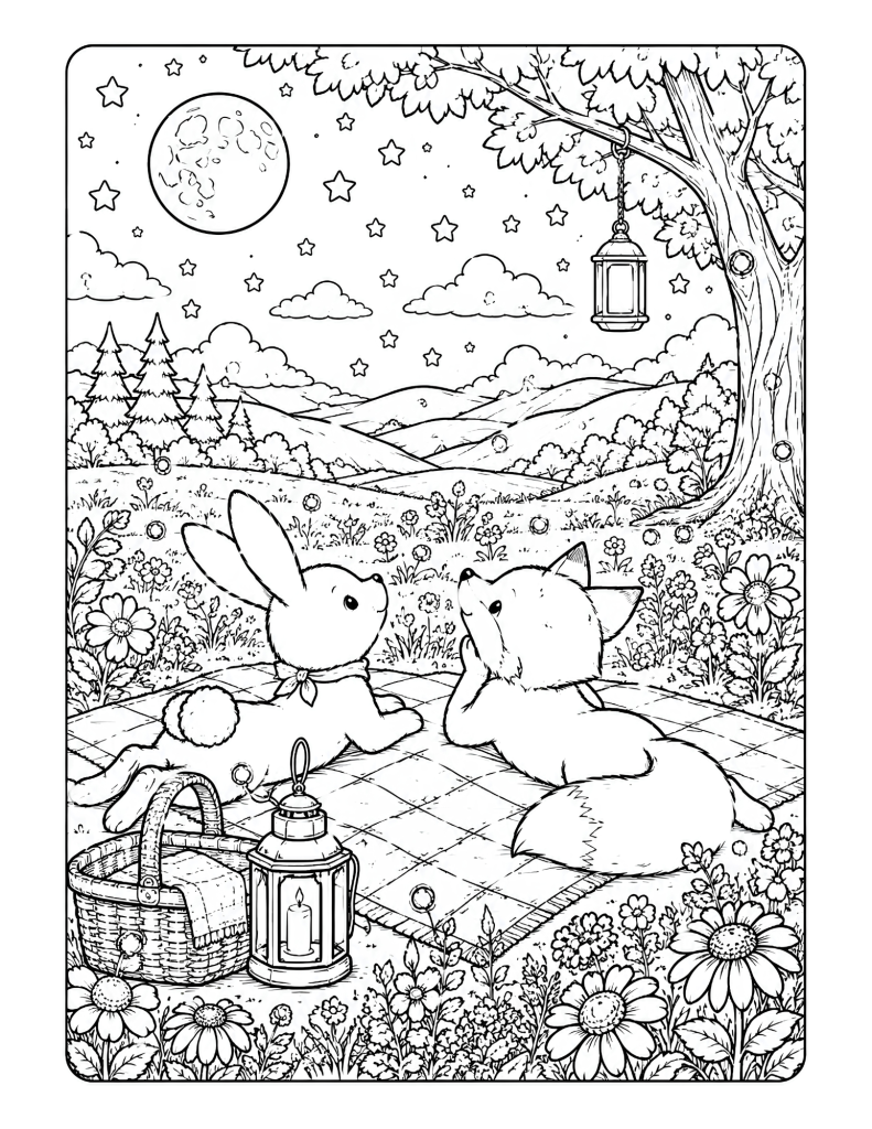 A rabbit and fox stargazing coloring page with moon, stars, flowers, picnic blanket, lantern, and basket.