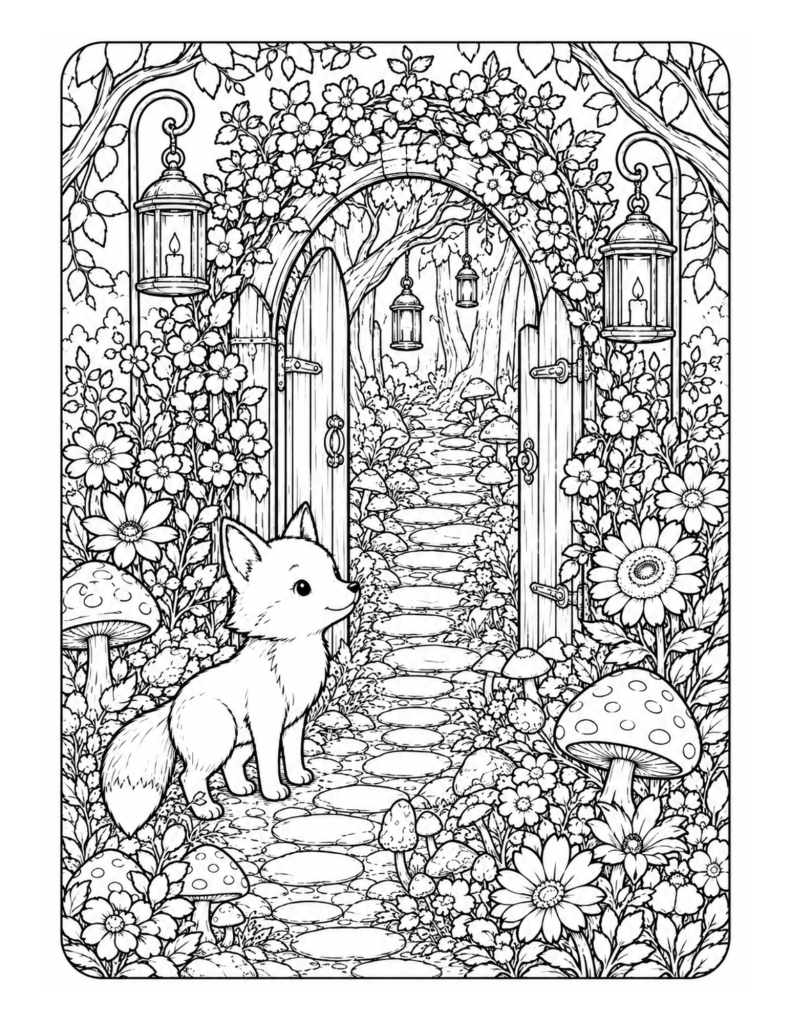 A fox secret garden coloring page with open wooden gates, flower arch, lanterns, mushrooms, and a winding woodland path.