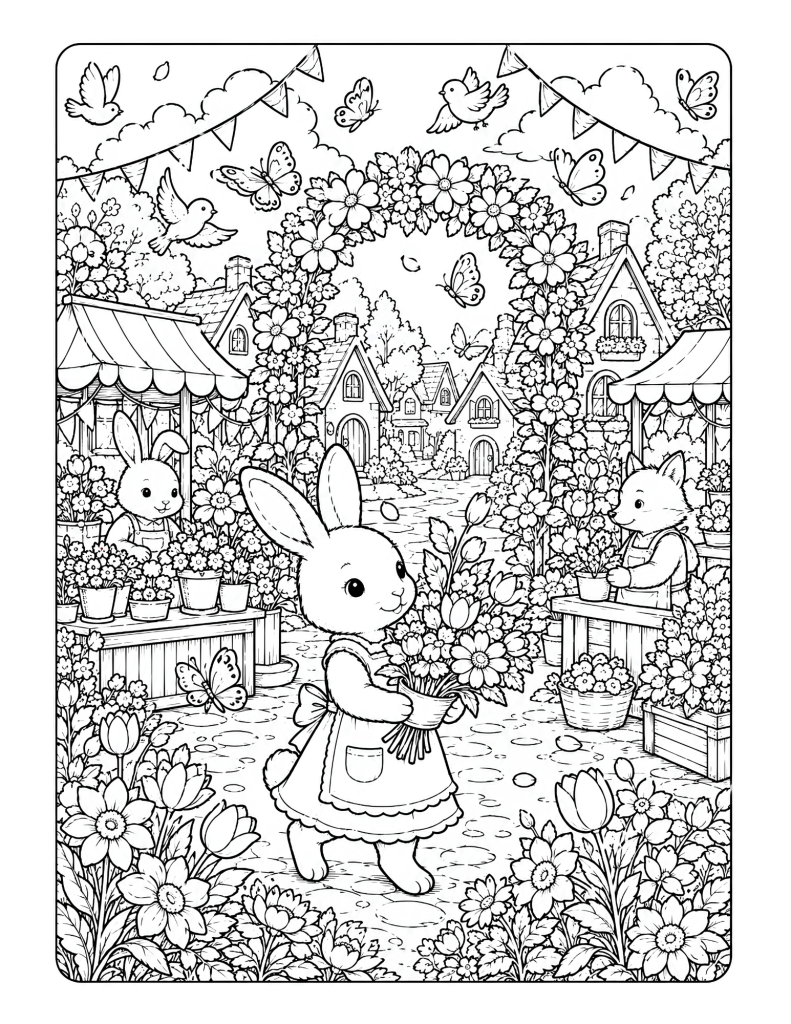 A bunny flower market coloring page with a fox vendor, flower arch, cottage homes, butterflies, birds, and garden stalls.